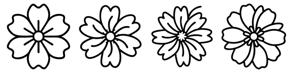 cosmos icon, flower line art, flower icon - Minimalistic black outline illustration of cosmos flower, perfect for icons, logos, and floral-themed designs.

