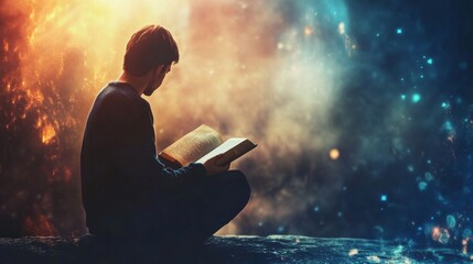 Obraz premium Person studies religion. Faith and believe. Catholicism, Christianity and Protestantism background concept