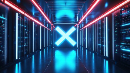 a server room with a neon x sign