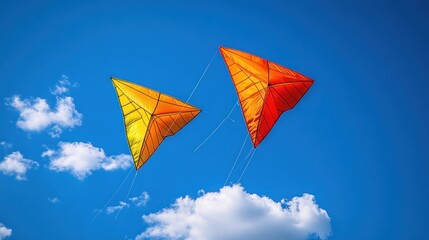 Two vibrant orange and yellow triangular kites soaring against a vibrant blue sky dotted with fluffy white clouds.