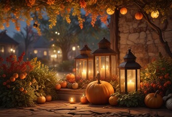 Obraz premium Cozy autumn atmosphere with lanterns made of round gourds and ornamental plants, inviting , arrangement
