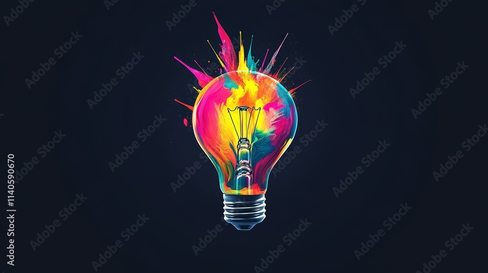Poster illuminating creativity with a vibrant splash of color in a lightbulb against a dark backdrop