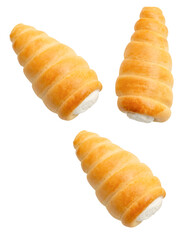 Top view set of puff pastry cream horns isolated on white background with clipping path