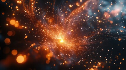 Fototapeta premium Abstract cosmic artwork featuring a mesmerizing explosion of warm-toned particles and glowing lights against a dark background.