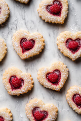 Raspberry and Vanilla Heart-Shaped Cookies with Raspberry Jam on Marble Countertop