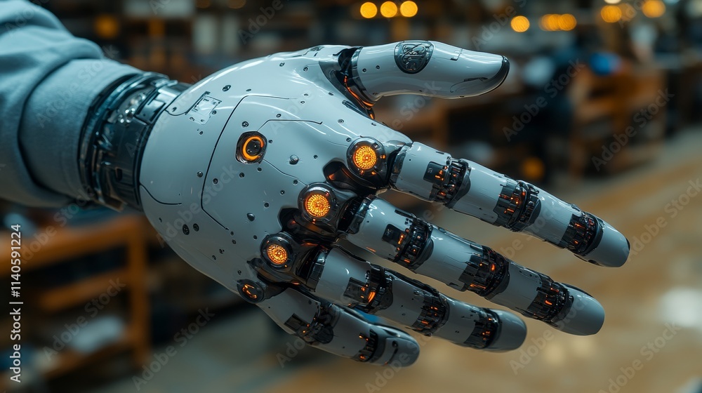 Poster robotic hand extending in futuristic laboratory setting