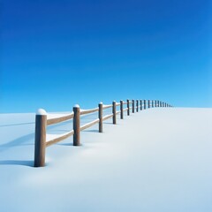 A serene winter landscape featuring a snow-covered fence extending into a clear blue sky, symbolizing tranquility and solitude.