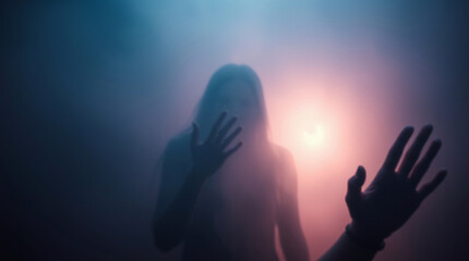 Soft cinematic haze evokes an eerie, creepy atmosphere on a glitter shiny background. Dark tones, unsettling details, soft focus, and a hazy background create a mysterious mood