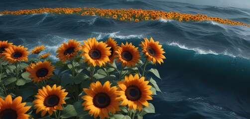 Dark blue ocean wave carrying orange sunflower flowers, ocean scenery, marine life