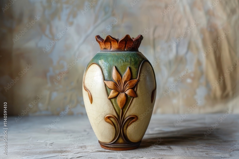 Aufkleber decorative ceramic vase with floral design displayed against textured stone background in a bright i