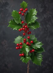 Fototapeta premium Dark green holly gallberry branch with red berries , forest floor, holly, inkberry holly gallberry Appalachian tea