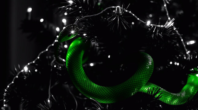 Strong moody style, tight close-up shot. A green snake coiled around Christmas tree branches with sparkling lights