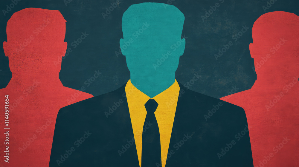 Poster abstract representation of three figures with varying colors and suits against a dark background