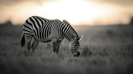 Striking zebra grazing in a vibrant field at sunset in the savanna