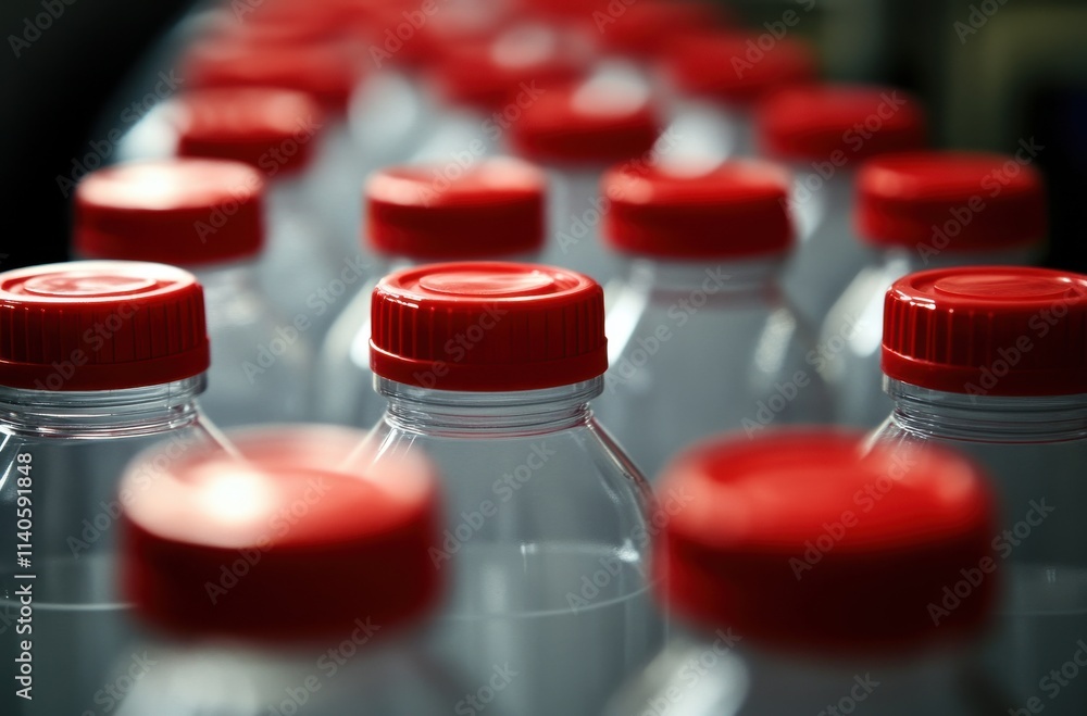 Aufkleber Close-Up of Water Bottles with Red Caps Arranged in a Detailed Pattern on a Soft Focus Background in a Modern Setting