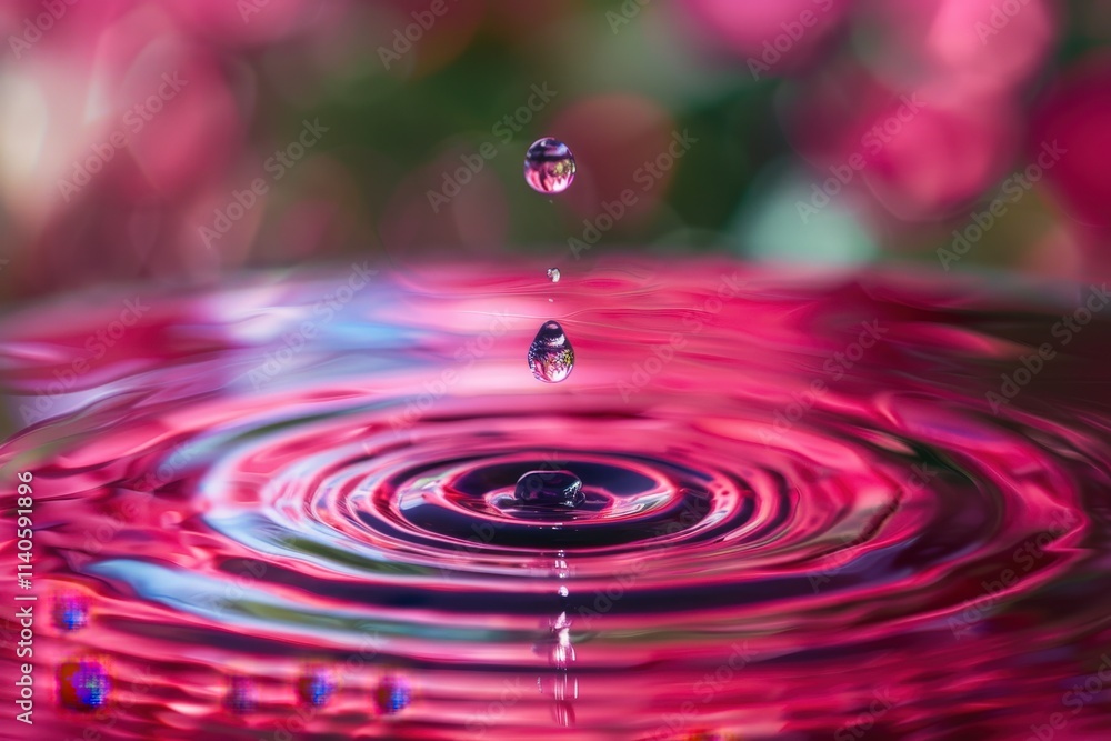 Poster Rippling water creates mesmerizing patterns as a droplet falls into a tranquil pool, capturing the beauty of nature in motion at dusk