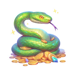 Fototapeta premium Green snake on gold coins and precious stones as symbol of wealth isolated on transparent background. Animal character, zodiac sign. Chinese New Year 2025. Illustration for design banner, poster, card