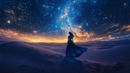 A woman is looking at the beautiful Milky Way.