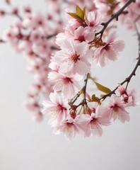 Fototapeta premium Delicate cherry blossom leaves in soft focus on a crisp white background, nature landscape, white background
