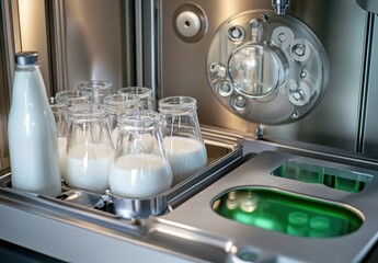 Close-Up View of Bottles with Fresh Milk and Advanced Processing Equipment in a Modern Dairy Facility, Showcasing Hygiene and Quality Control Standards