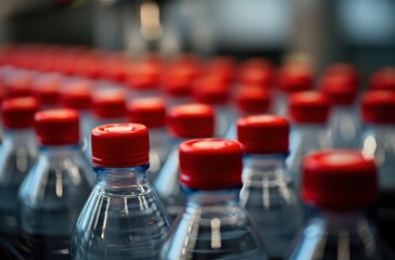 Obraz premium Close-Up View of Bottled Water with Bright Red Caps in a Production Facility, Demonstrating Beverage Industry Standards and High-Quality Packaging Techniques