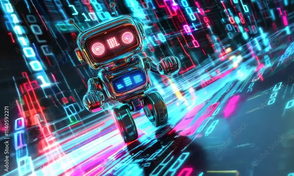 Aufkleber robot moving fast in digital world on binary code background