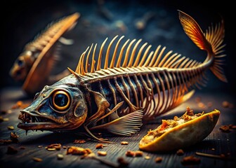Night Photography Salmon Fish Bones Still Life, Dark Moody Fish Skeleton,  Closeup Detailed Bones,  Dramatic Lighting,  Food Waste,  Nature's Beauty,  Fish Remains,  Low Light Photography