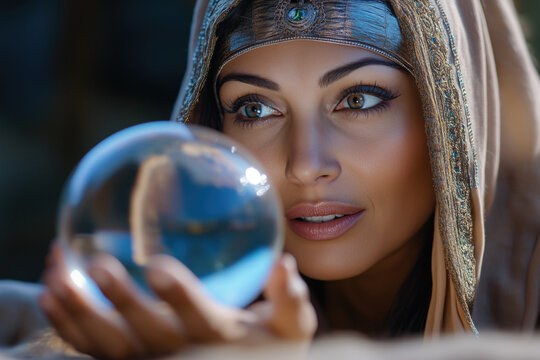 Gypsy fortune teller peers into a glass ball