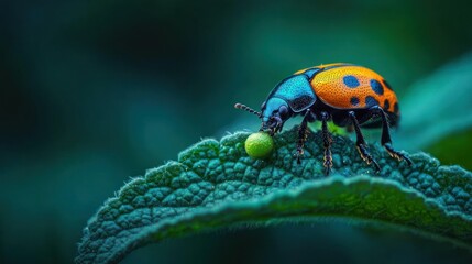 Fototapeta premium Vibrant beetle on green leaf.