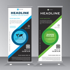 Blue and green color roll up business brochure flyer banner design vertical template, cover presentation background, modern publication x-banner and flag-banner, Roll up banner stand, vector eps 10