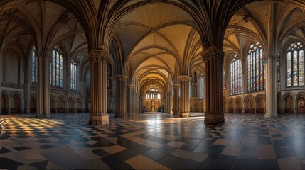interior of a cathedral with checkerboard floor and tall windows
