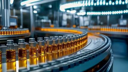 Vials being filled with medication on an automated conveyor in a modern pharmaceutical factory. The image showcases precision engineering and medical manufacturing, highlighting the sterile and