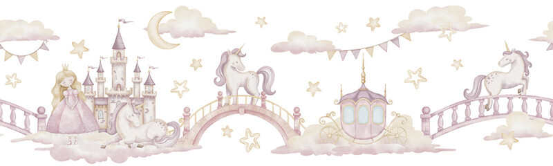Seamless watercolor Pattern with pastel pink Unicorns and cute Princess. Illustration of Border with castle, clouds and stars for fairytale wallpaper. Background for nursery wall and children bedroom. © Alisles