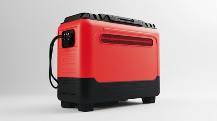 Naklejka premium Portable red generator with black base and power cord on white background