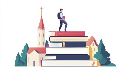 Person studies religion. Faith and believe. Catholicism, Christianity and Protestantism background concept