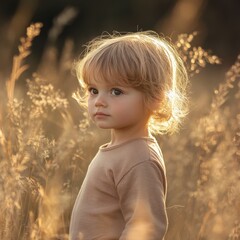 a child with blonde hair standing in a field at sunset