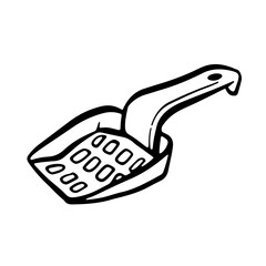 Shovel for cleaning pet poop. Item for domestic cats care. Sketch style Illustration for Pet shops, logo, postcards. Funny Crooked doodle vector icon.