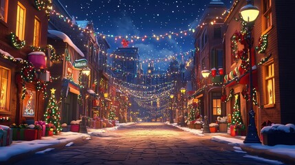 A charming snow-covered street scene, adorned with twinkling Christmas lights and festive decorations. The warm glow from the buildings and shop windows creates a magical holiday atmosphere.
