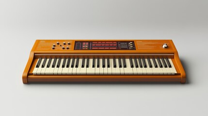 Vintage synthesizer with wooden finish and analog controls on minimalist background