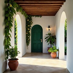 Estilo r?stico con muros de ladrillo cubiertos de hierba y flores, decoraci?n, arquitectura tradicional