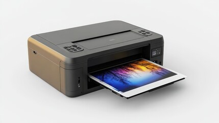 Modern inkjet printer with vibrant landscape print on white background