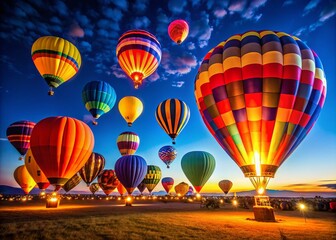 Obraz premium Night Sky Balloons, Blue Hour Hot Air Balloons, Night Photography, Dark Sky, Balloon Festival, Nighttime Balloons, Celestial Balloons, Illuminated Balloons, Glowing Balloons, Night Scene,