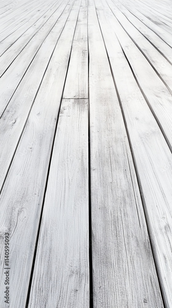 Poster minimalist perspective shot of weathered white wooden deck planks extending to vanishing point, crea