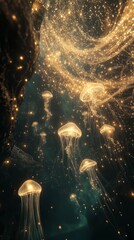 Glowing jellyfish swimming in dark ocean depths with golden particles