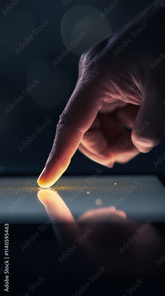 Poster illuminated fingertip touches a glossy screen in a dimly lit space, showcasing a moment of connectio
