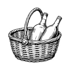 Obraz premium Sketch of picnic basket with bottles on white background, happiness