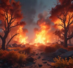 Fiery explosion of burning vegetation and trees , dry undergrowth, wildfire