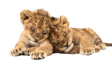 Majestic Lions Resting Together Under the African Sun. White or PNG Transparent Background.