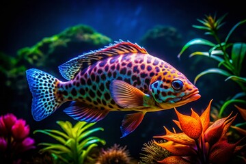 Fototapeta premium Nighttime Jaguar Fish Tank Setup: Aquarium Lighting, Fish Care, and Stunning Underwater Photography