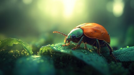 Vibrant orange ladybug on dewy green leaves in sunlit forest.